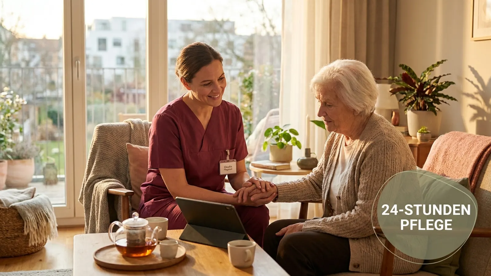 24-Stunden-Pflege zu Hause in Frankfurt – Pflegekraft betreut eine Seniorin