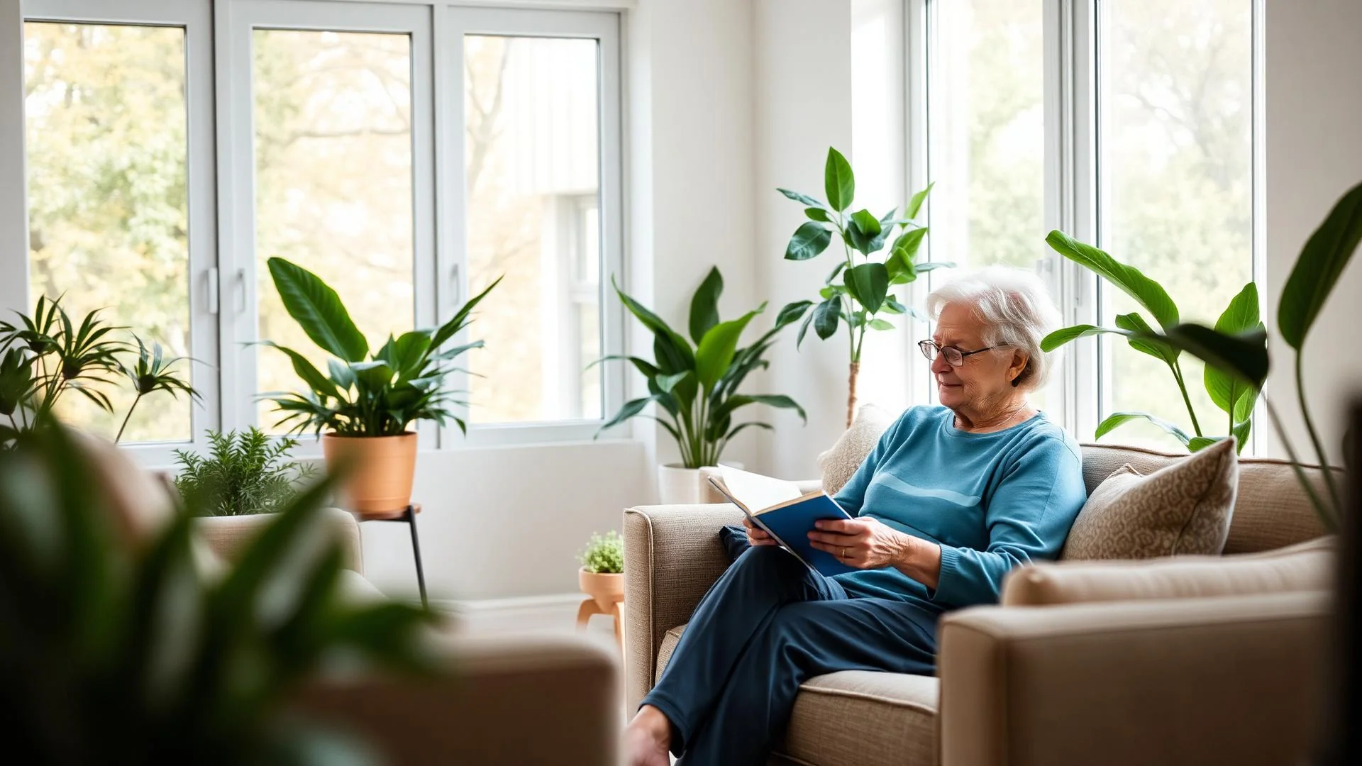 Seniorin liest entspannt in ihrem Zuhause – Betreutes Wohnen Frankfurt