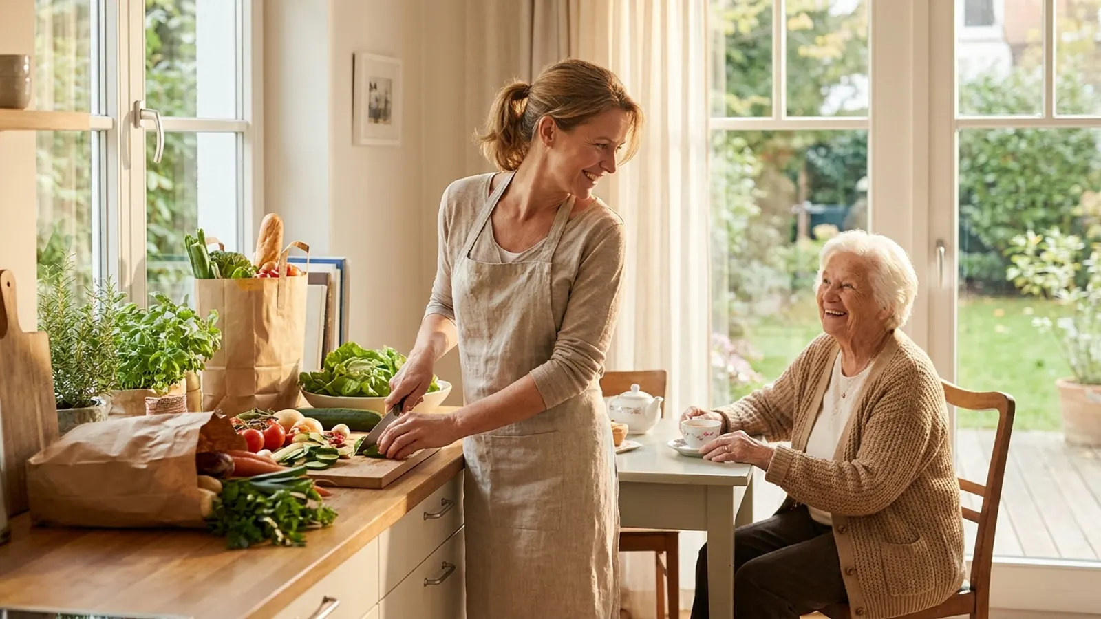 Haushaltshilfe in Frankfurt – Helferin bereitet eine Mahlzeit für eine Seniorin zu